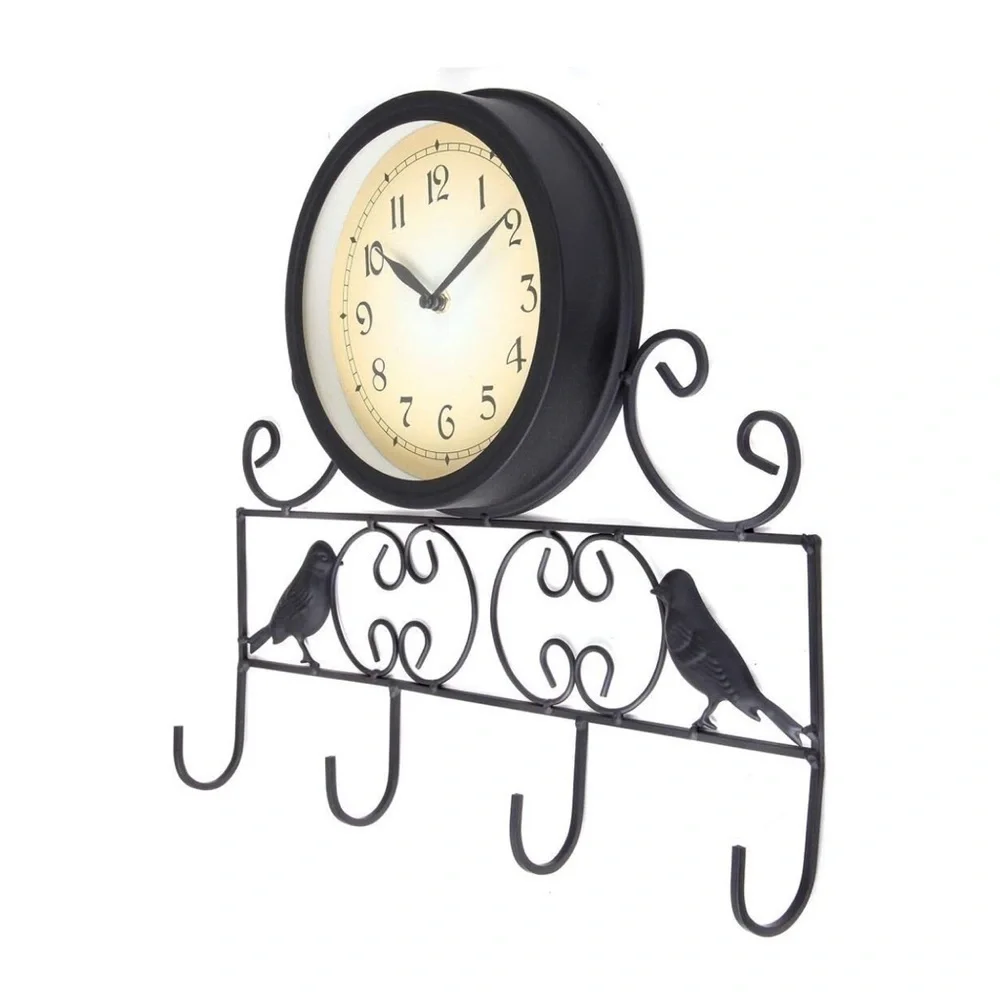 LILYS HOME Sparrow Bird Wall Clock Key Holder  Hook Rack Combo Black Iron